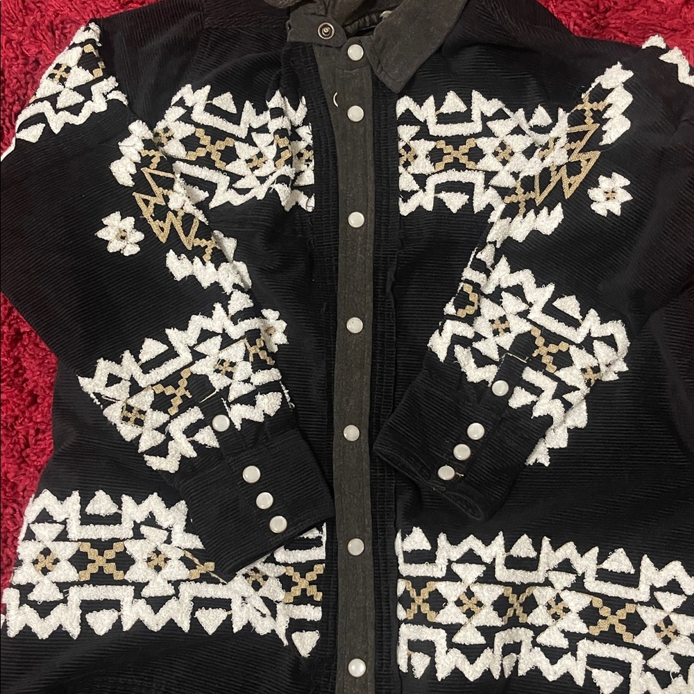 We The Free Black Corduroy Jacket/ Cardigan with White and Tan Patterns ) - Picture 5 of 11
